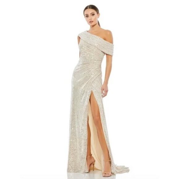 Ieena Mac Duggal Nude Silver Sequin One-Shoulder Side Slit Gown